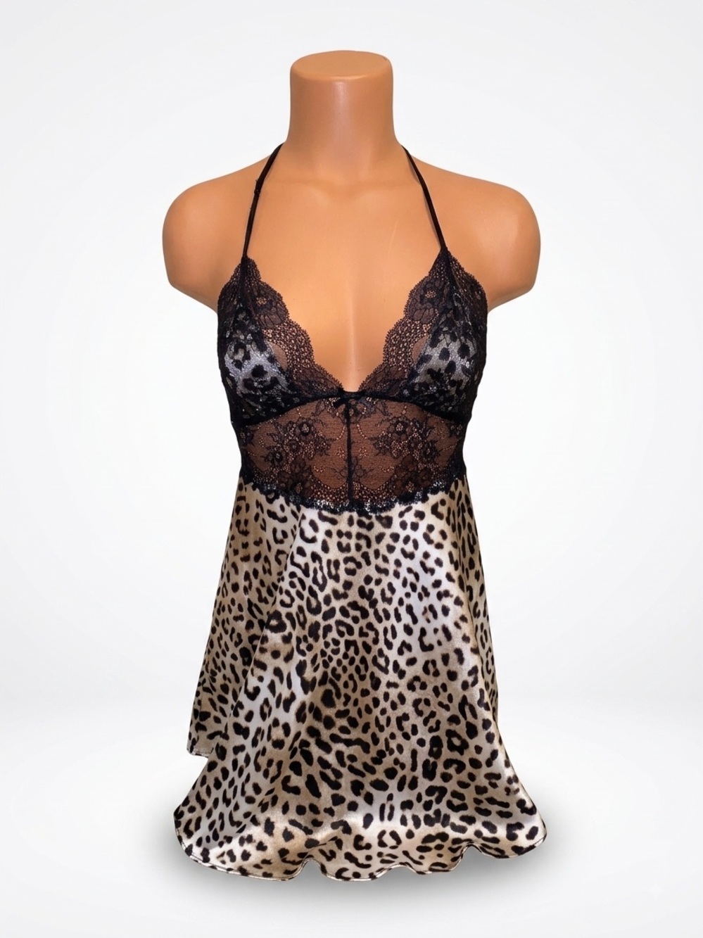 Leopard Satin Lace Babydoll Mini Dress